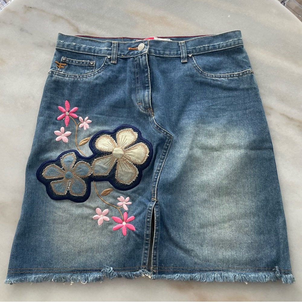 Floral Embroidered Denim Pencil Skirt